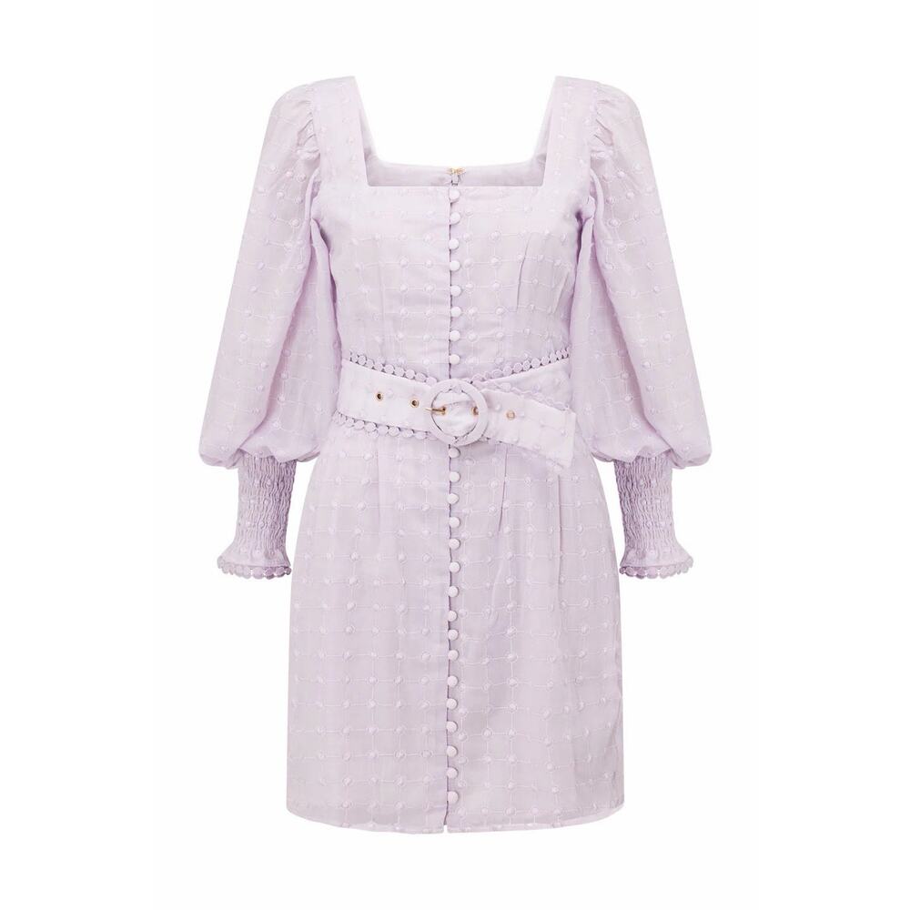 SABO Belted Larose Dress Lilac Square Neckline Puff Sleeves Vintage Flair Size 4